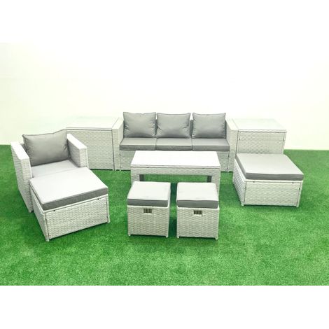 Fimous Polyrattan Gartensofa Set Couchtisch 4 Hockern 2 Beistelltischen Hellgrau gemischt (1/5)