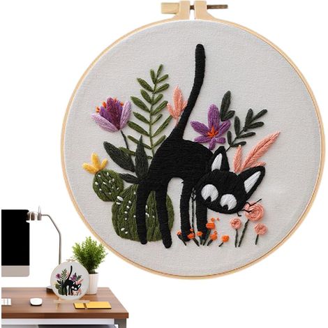 Kit Broderie - Kit De Broderie Débutant Chat Imprimé Sur Cadre - Set Cadre Aiguille Fil Fournitures Créatives Pour Maison Voyage - Projets Cours D'Art Halloween Noël (1/5)
