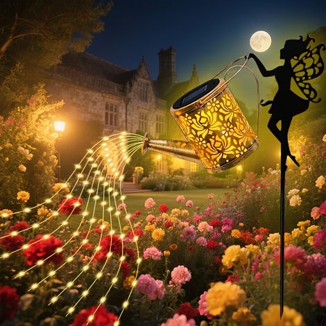 Lampe arrosoir solaire, lampe décorative de jardin en métal en forme de fée, lumière d'ambiance extérieure, blanc chaud. (1/5)