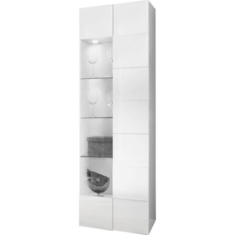 REBECCA - Vitrine 1 Porte Finition Blanc Laqué Relief Weiss Damiers et Leds (1/4)
