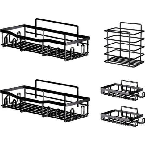 Etagere Salle de Bain avec Porte-Savon, 5 PCS,Etagere Douche sans Percage, Accessoire Salle de Bain Antirouille, Rangement Douch avec Crochets, Essentiels pour la Salle Bain, Cuisine (Noir) (1/4)