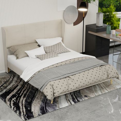 Lit moderne minimaliste capitonné avec tête de lit en peluche, 160x200 cm, beige, meuble de chambre multifonctionnel, sommier bas sans rangement (sans vérin à gaz), matelas non inclus. (1/5)