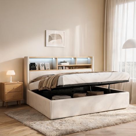 Cadre de lit beige en velours 225 x 160 x 90 cm (1/5)