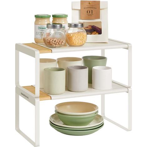 Lot de 2 étagères à épices extensibles cuisine 20 x 33-54 x 16 cm empilables en bambou beige naturel (1/2)