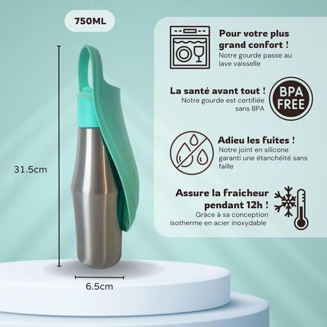 Gourde de Promenade pour Chiens 750 ML en Acier Inoxydable Non Toxique Garde l'eau fraiche Pendant 24h - Accessoire de Voyage pour Chien compacte avec gamelle Pliable Facile à Transporter