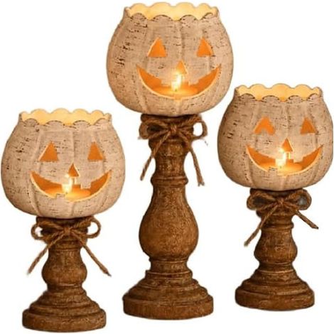 Portavelas rústico blanco con forma de calabaza: centro de mesa otoñal de estilo granja para Halloween y Acción de Gracias, con un diseño de farol escalonado. (1/5)