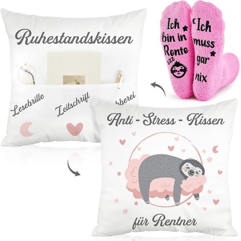 Ruhestandsgeschenkset für Frauen – Kissenbezug und Anti-Stress-Socken mit der deutschen Aufschrift „Ich bin in Rente, ich muss gar nix“ – Ein witziges Geschenk für Frauen, Kolleginnen und Freundinnen (1/2)
