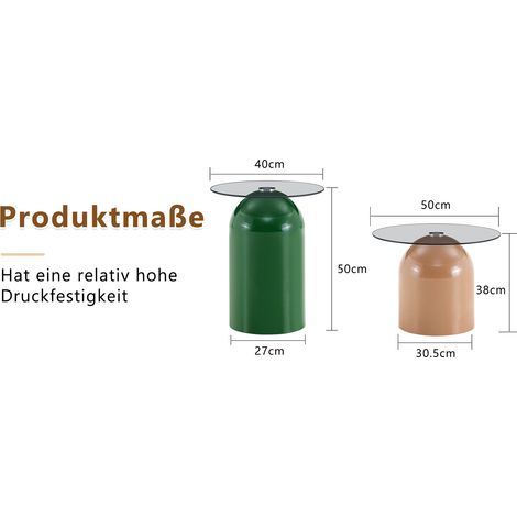 Ensemble de tables basses 2 pièces en forme de cloche, fabriqué en verre trempé et acier au carbone laqué brillant, dans les couleurs vert et marron clair, adapté pour salon, chambre à coucher et bure (1/5)