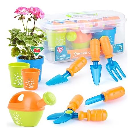 Kids Gardening Tool Set with Shovel, Fork, Scissors, Flower Pot, Watering Can, Label and Storage Box, Gardening Kit for Kids Age 3 and Up (1/5)