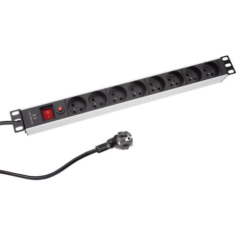 Perel Multipresa PDU con interruttore, protezione da sovraccarico, 8 prese con pin di messa a terra (tipo E), cavo da 2,15 m, 3G1.5, adatto per uso interno, adatto per rack da 19 pollici, nero/grigio (1/4)
