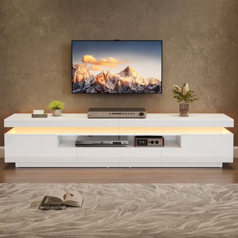 Wohnzimmer-TV-Schrank 175 x 38 x 45 cm mit 2 L-förmigen Schränken und 1 Schublade, Hochglanzmöbel mit LEDs, halboffener Stauraum, Weiß