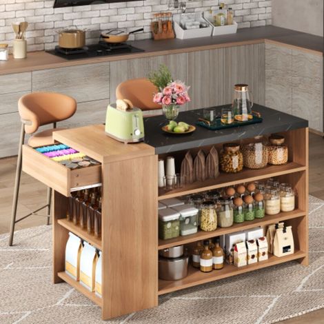 Îlot de cuisine / comptoir de bar / table de bar / table à manger, 5 niveaux de rangement et tiroir dissimulé, plateau d'épaisseur renforcée, chêne et noir aspect marbre, 140 × 60 × 90 cm