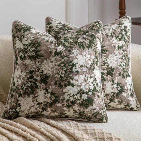 Lot de 2 décoratives Motifs Floraux Housses de Coussin Jacquard Unies Douces pour canapé Salon et Chambre Vert Blanc Taupe 45x45 cm (1/5)