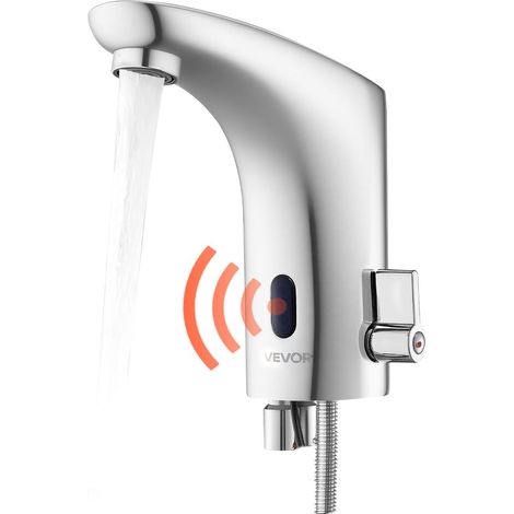 Mitigeur Automatique sans Contact, Robinet à Capteur de Lavabo, Mélangeur d’Eau Chaude et Froide Réglable Mains Libres, à Piles, pour Tuyau 9,5 mm, Bar Cuisine Salle de Bain, Chromé Argent
