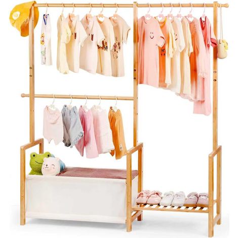 Portant à vêtements en bambou avec trois espaces de suspension, petit organisateur de vêtements pour enfants avec sac de rangement et étagère, pour costumes et accessoires (1/5)