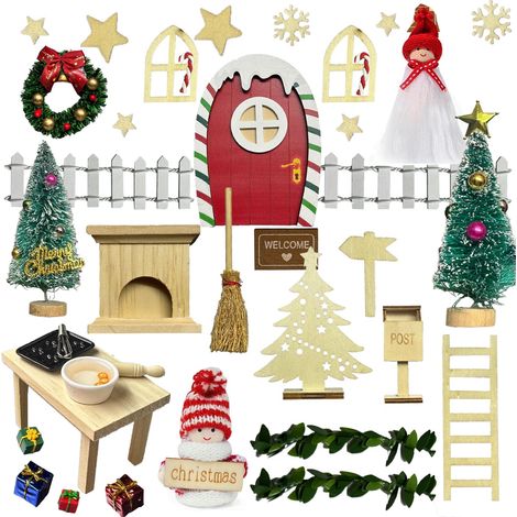 Lot de 40 accessoires de porte de lutin de Noël pour enfants - Décoration en bois miniature, boîte aux lettres, bottes, clôture, couronne, échelle (1/5)