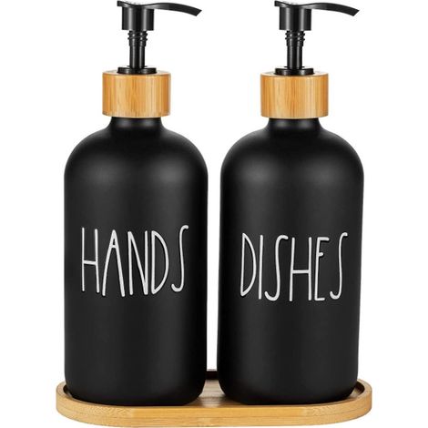 Lot de deux distributeurs de savon/flacons de gel hydroalcoolique en plateau de bois, adaptés aux éviers de cuisine, 500 ml, en verre, design élégant, durable, noir. (1/5)