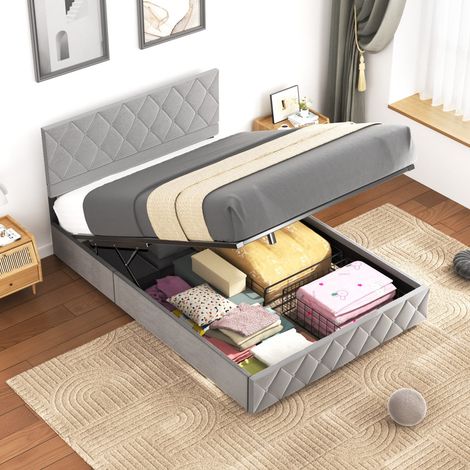 Lit coffre 140x200 cm - Lit adulte avec sommier à lattes et tête de lit décorative capitonnée à boutons - Gris - Sans matelas