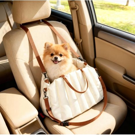 Transporteur pour chiens jusqu'à 5 kg, siège auto avec 2 sangles, Oxford, blanc crème (1/5)