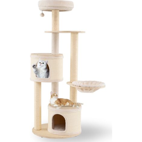 Arbre à Chat XXL 152 cm, Arbre a Chat Bois, Tapis et Poteaux à Griffer en Sisal, 4 Plateformes, 2 Condos, Panier, Tour pour Chaton, Pompon Suspendu (1/5)