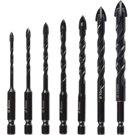 7-teiliges Betonbohrer-Set, schwarze Bohrer mit 4 harten Schneidkanten, multifunktionales Lochbohrwerkzeug für Stein, Fliesen, Ziegelwände, Glas, Holz, Mauerwerk, Keramik und Granit (3/4/5/6/8/10/12 m (1/5)