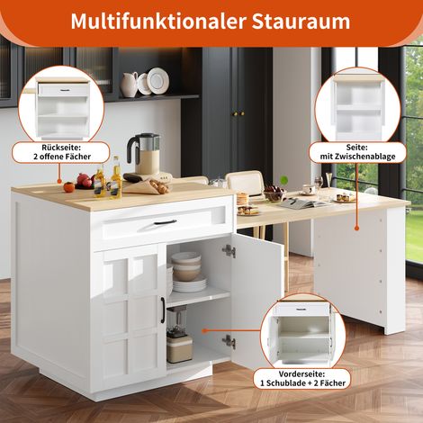 Table extensible avec rangement 133-202×70×93,5cm, îlot de cuisine blanc avec 2 tiroirs et 4 compartiments, plan de bar escamotable pour 2-6 personnes, meuble de cuisine roulant avec étagères latérale (1/5)