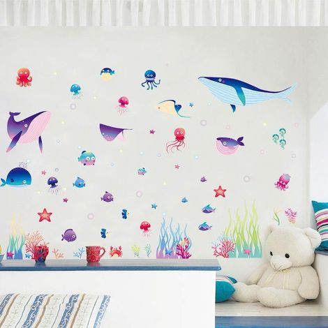 Stickers muraux mignons en forme de poissons de dessin animé pour chambre à coucher, papier peint décoratif. (1/4)