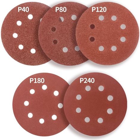 Disques de Ponage Papier Abrasifs 125mm.8 trous,50 pièces Disques Ponceuse: Disques abrasifs perforés auto-agrippant 125 mm Grain 40 80 120 180 240 pour Random Orbital Sander,Poncer/Polir (1/5)