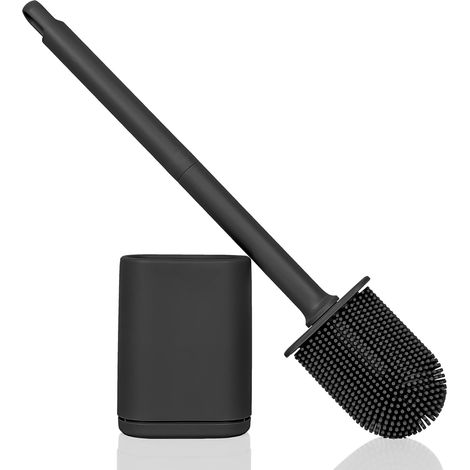 Brosse WC Silicone, Murale avec Support et Couvercle, Noir (1/5)