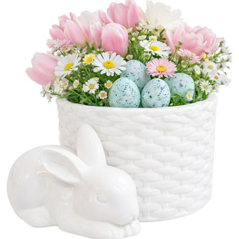 Copertura con coniglietto pasquale, vaso di fiori bianco, decorazione primaverile, ghirlanda con coniglietto (1/5)