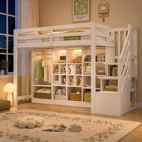 Hochbett 90x200 cm mit Stauraum und Kleiderschrank, Kinderbett mit LED-Beleuchtung und Treppenregal, Kiefernholz Weiß, 252x96x159 cm (1/5)