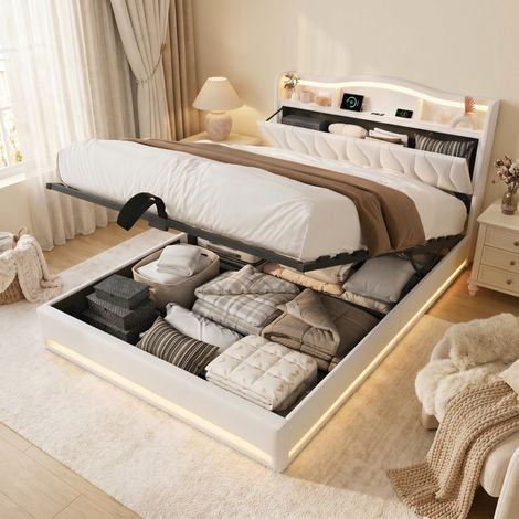 Lit coffre 160x200 en velours, lit double capitonné 160x200 cm avec rangement, LED, USB, sommier à lattes en bois, cadre en métal - Beige