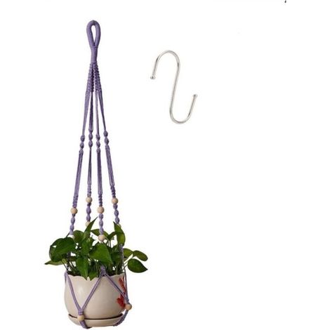 Portapiante da interno in corda di cotone viola, 85 cm, con perline di legno, per decorazione domestica, senza gancio, 1 paio