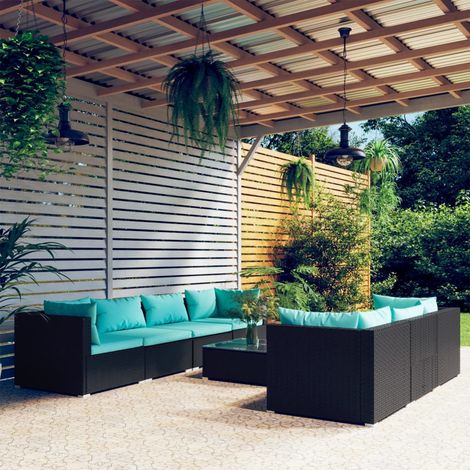 Salon de jardin 8 pièces en résine tressée noire avec coussins turquoise - PANGIVO (1/5)