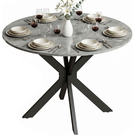 Table pliant rond pour 2 à 6 personnes, plateau épais gris ciment, cadre en acier double X, table escamotable