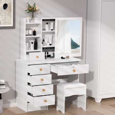 FIANAO – Schminktisch – Frisiertisch – mit Schiebespiegel, 6 Schubladen, offene Regale & versteckter Stauraum – für Schlafzimmer – Maße: 80 × 122 × 37 cm – Weiß (1/5)