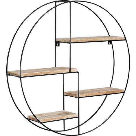 Etagère murale ronde IDMARKET LILY - 4 niveaux - Bois et métal - Design industriel - Naturel