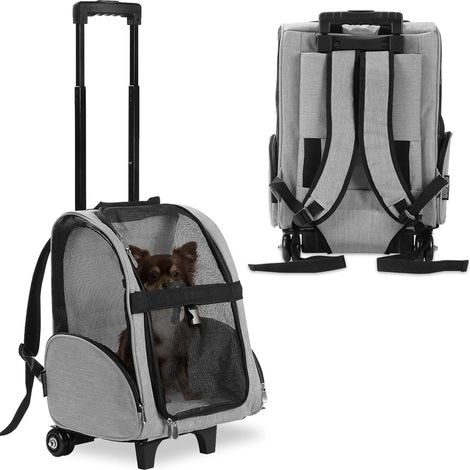 2 en 1 Trolley Chariot Sac à Dos Sac de Transport à roulettes pour Chien Chat Gris Trolley Chariot Sac à Dos, Chien Chat, Poignée Téléscopique, Sacs Rangement, Aérations, Attache Sécurité (1/5)