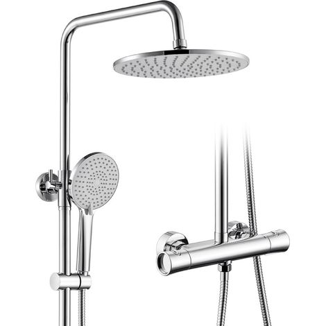 AURALUM MAX Sistema de ducha con termostato de 38 °C, grifería de ducha, ducha de lluvia cromada, set de ducha, ducha de mano con 3 modos, barra de ducha regulable en altura (1/5)