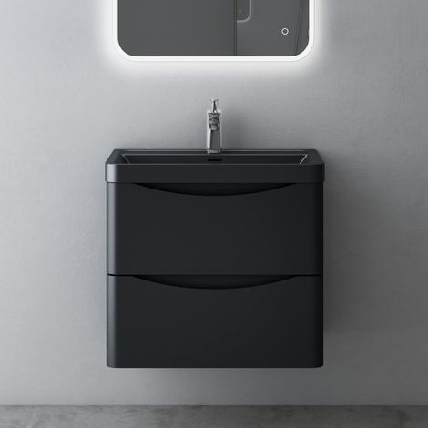 Mai & Mai Meuble de Salle de Bain Suspendu 60x50x42cm avec 2 Tiroirs et Lavabo Meuble Sous Lavabo Noir Mat Smile (1/5)