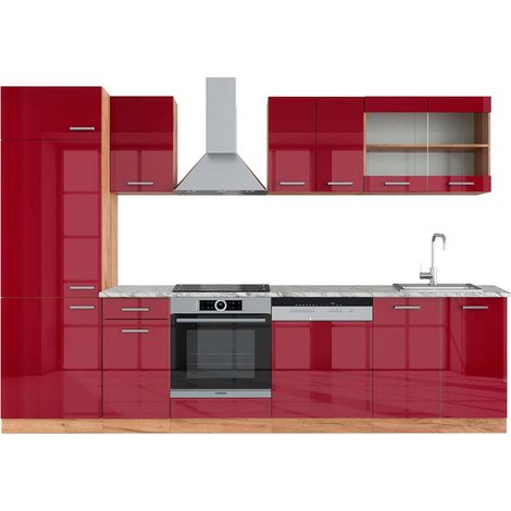 Cuisine R-Line, Rouge brillant/Chêne doré, 300cm , PT Marbre, Vicco