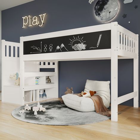 Hochbett 90x200 cm Weiß mit Treppe und Stauraum, Kinderbett aus Massivholz mit Rausfallschutz und Tafel, Halbhochbett für Kinder (1/5)