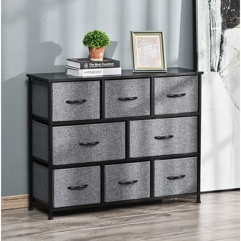Commode 8 tiroirs en tissu avec plateau MDF et structure métal, gris foncé DESVIAE (1/5)