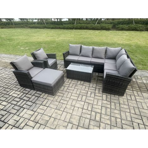 Fimous 9 Seater High Back Outdoor Garden Furniture Set Rattan Corner Sofa Set With Rectangular Coffee Table Big Footstool 2 Armchairs Dark Grey Mixed (1/5)