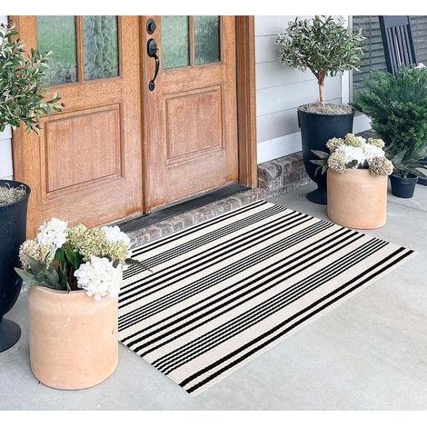Zerbino a righe bianche e nere, 27,5" x 43,3", tappeto da esterno in cotone tessuto a mano, tappetino da portico per interni ed esterni