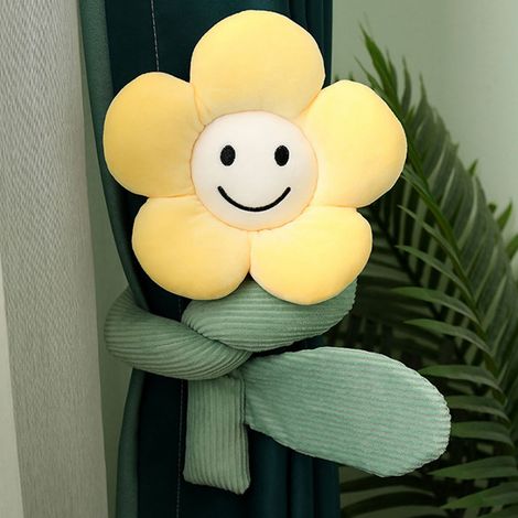 Attache-rideaux souple et mignonne en forme de tournesol, motif dessin animé, en peluche, pour chambre d'enfant, bureau à domicile, jaune. Longueur totale : environ 95 cm/37,4 po. (1/5)