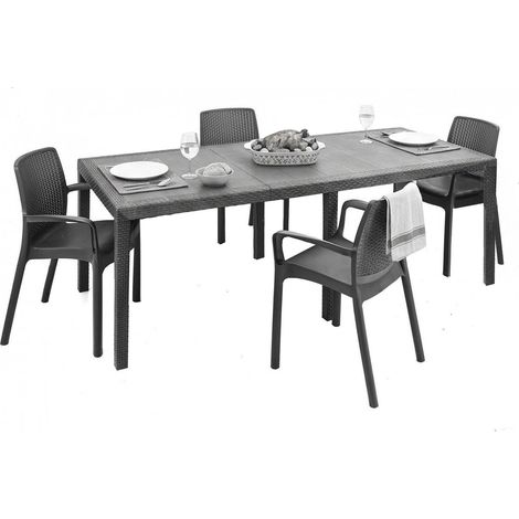 Dmora - Set salotto da esterno Arret, Ripiano allungabile da esterno con 4 sedie, Tavolo e sedute da giardino effetto rattan, 100% Made in Italy, Antracite