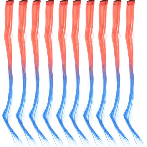 10 mèches clip longue cheveux rouges dégradé bleu, mèches lisses individuelles, accessoires cheveux à clipser, lot de 10 pièces (1/5)
