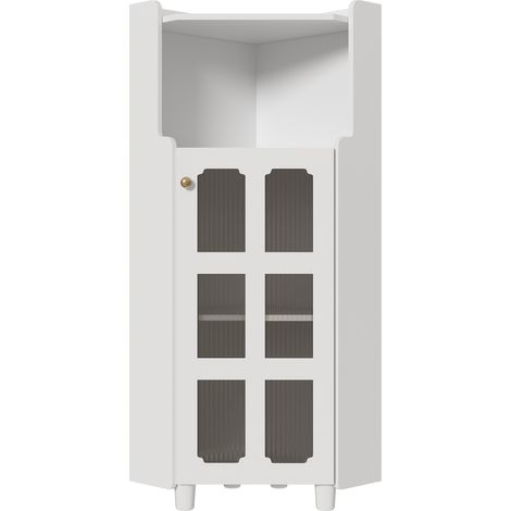 Mobile ad Angolo con 1 Vano e 2 Ante in Vetro e LED, Finitura Laccata, per Bagno, in MDF, 63.5×124 cm, Bianco (1/5)