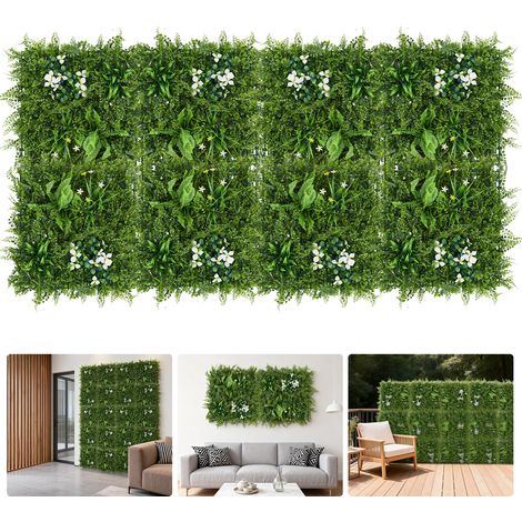 Panneaux de haie artificielle en buis 50x50 cm – Mur végétal réaliste anti-UV, emboîtables brise-vue intérieur/externeérieur - Lot de 8 (1/5)